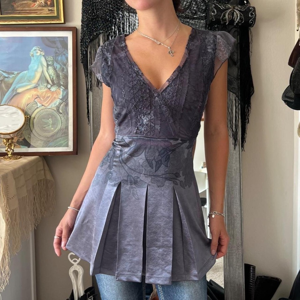 Per Una Speziale Gray Fairy Grunge Pleated Mini Dress Floral Lace Tunic Top 10
